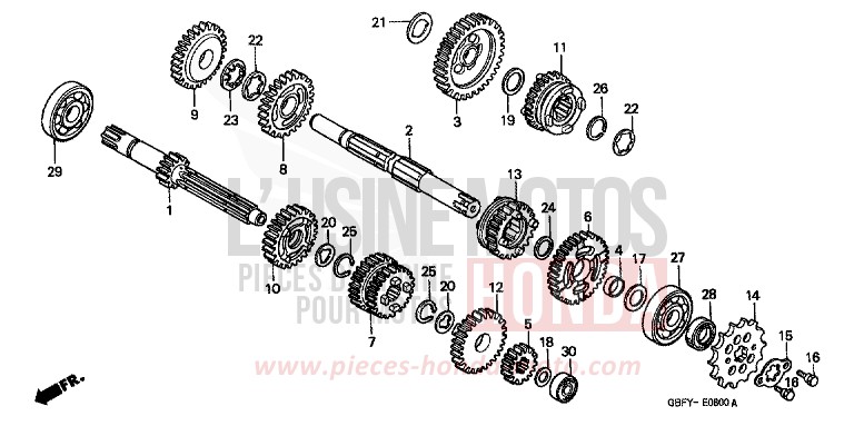 GETRIEBE von CR80R "große Räder" EXPLOSION RED (R254) von 2002